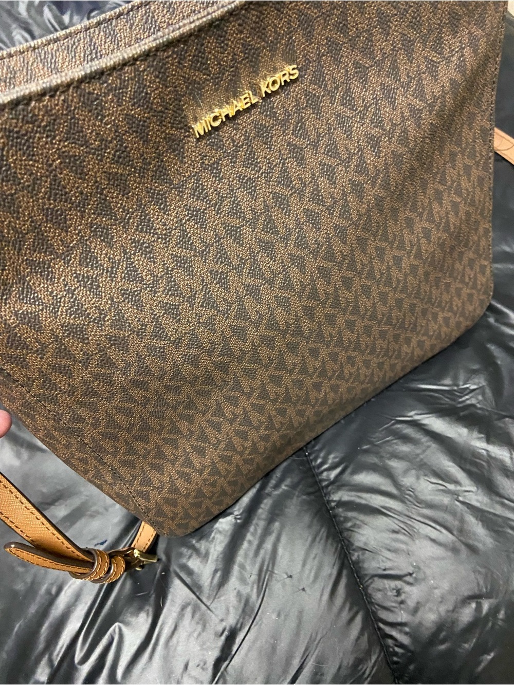 Michael Kors Brown Monogram Jacquard Tote with Tan Straps